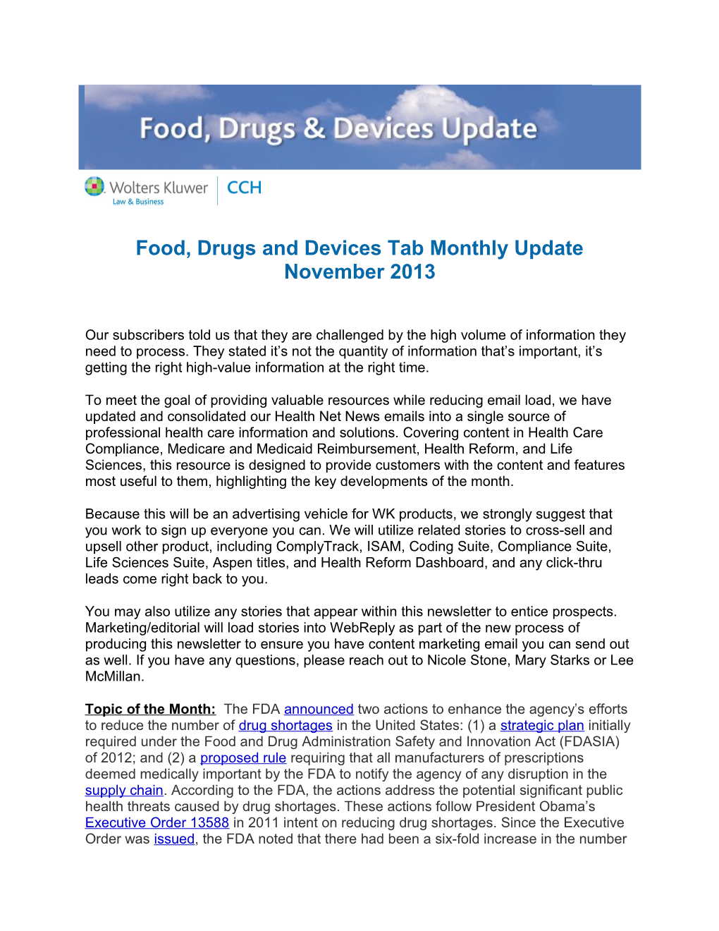 Food, Drugs and Devices Tab Monthly Update