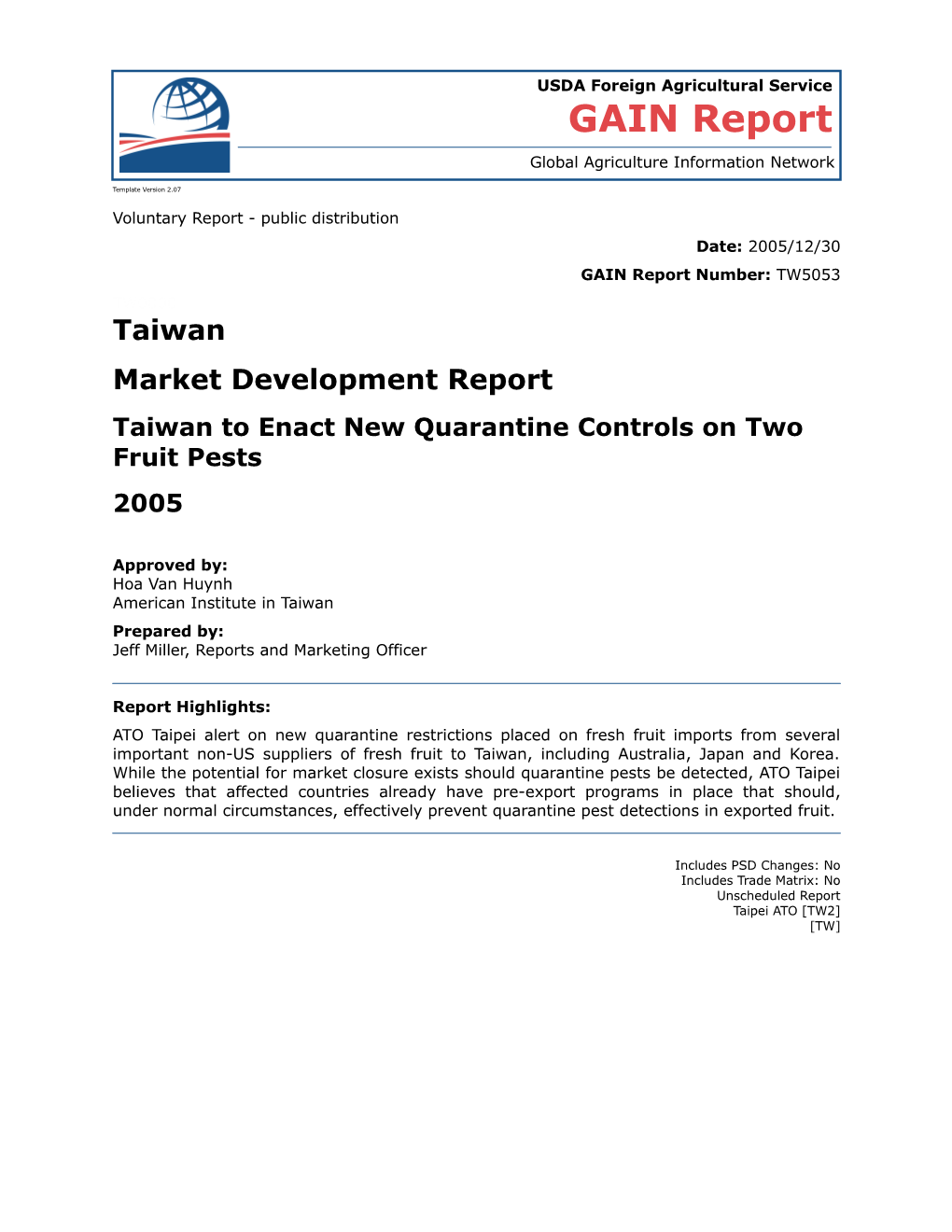 Taiwan to Enact New Quarantine Controls on Two Fruit Pests