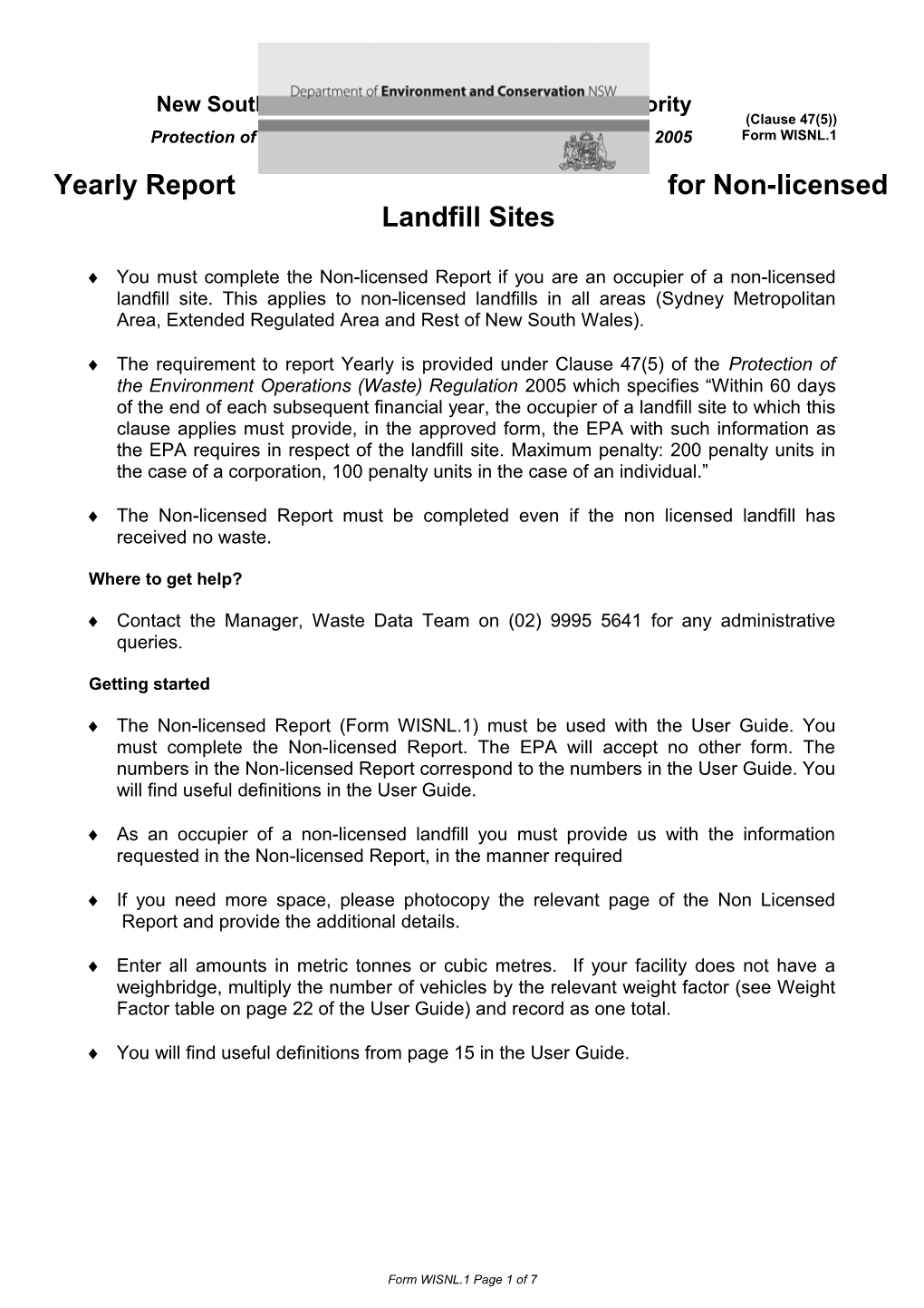 Yearly Report for Non-Licensed Landfill Sites