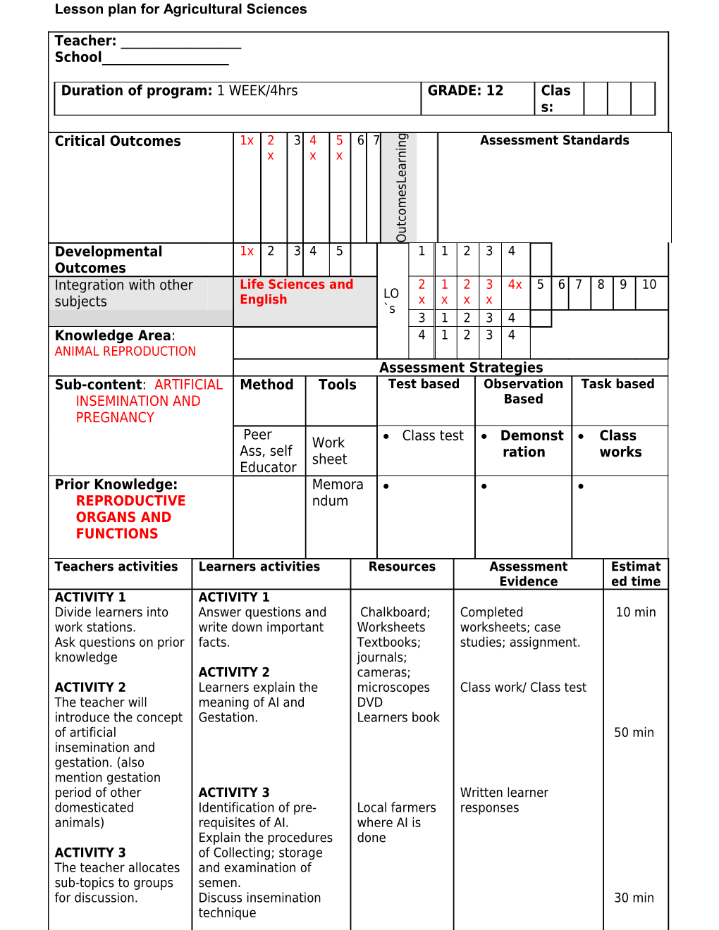Lesson Plan Format for Agricultural Sciences s1