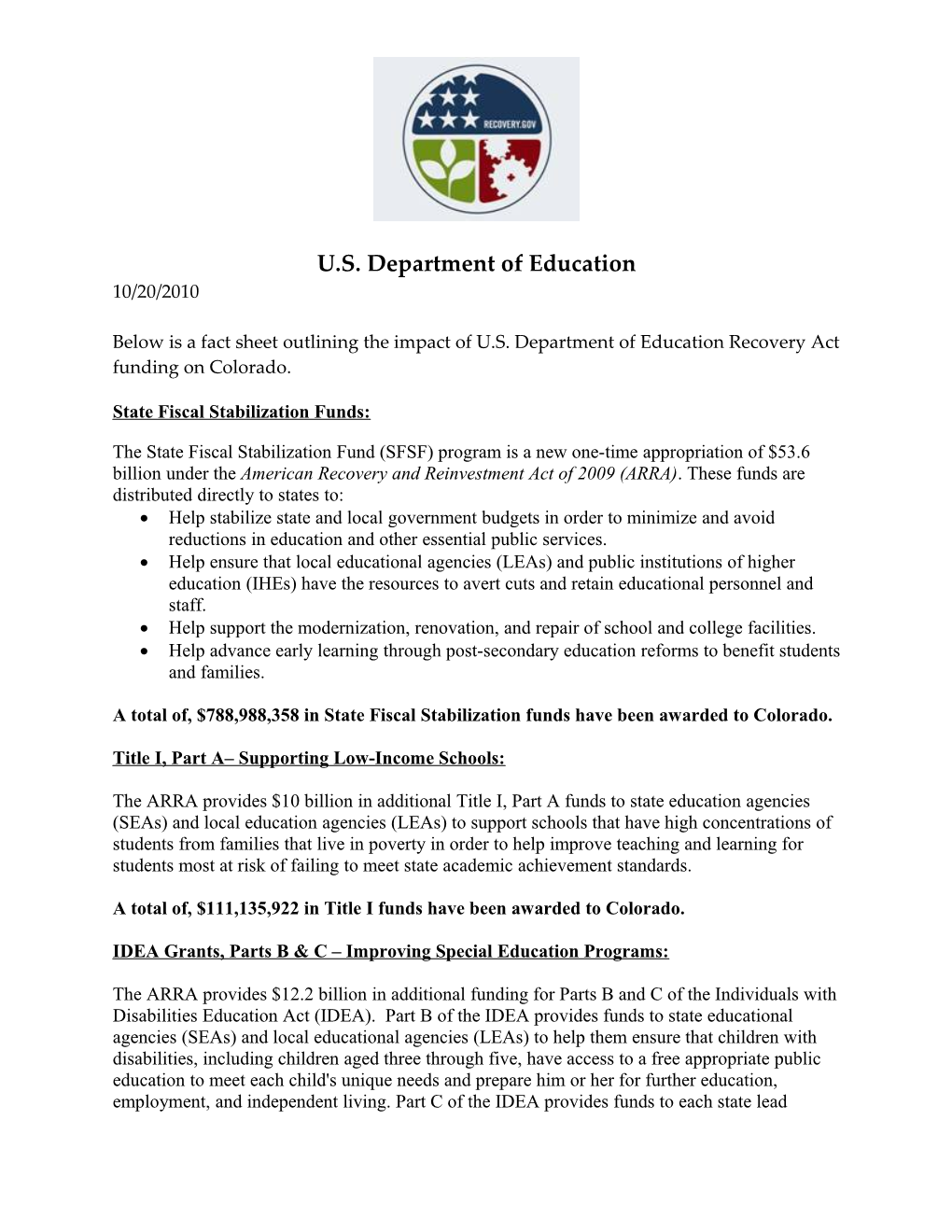 Colorado: Impact of President Obama's Economic Policies October 20, 2010 (Msword)