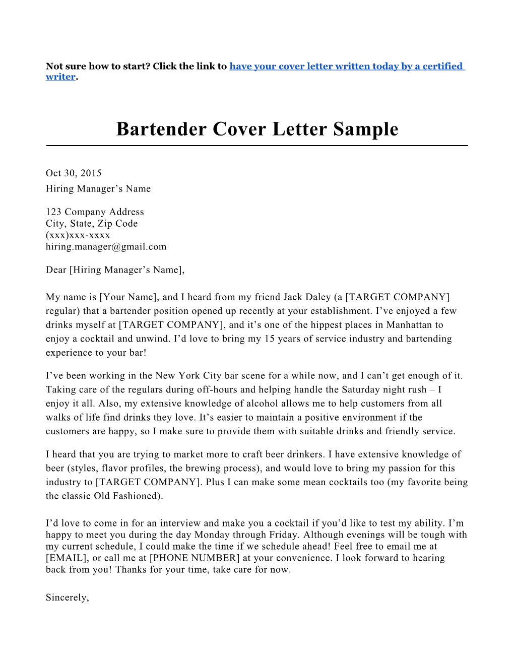 Bartender Cover Letter Sample