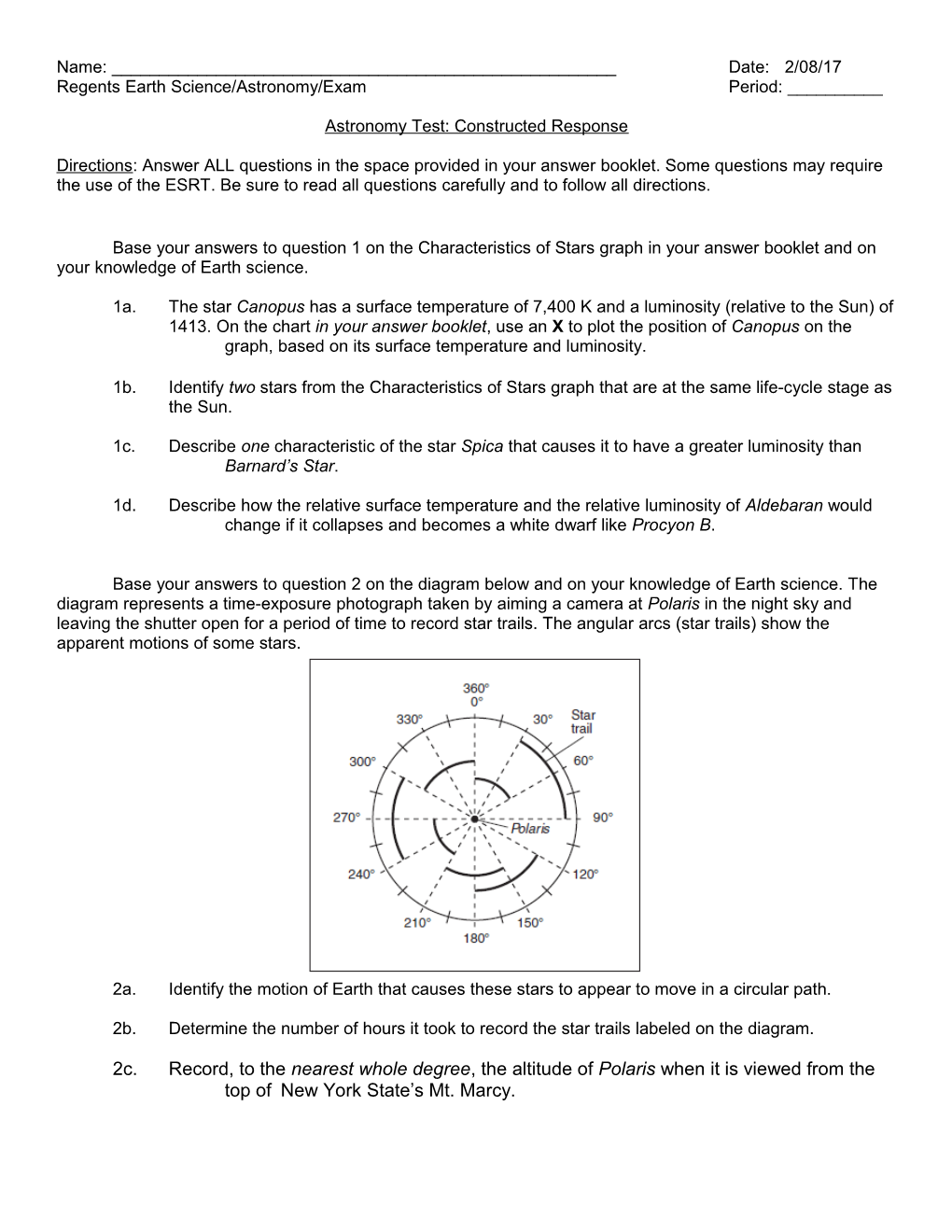 Regents Earth Science/Astronomy/Examperiod: ______