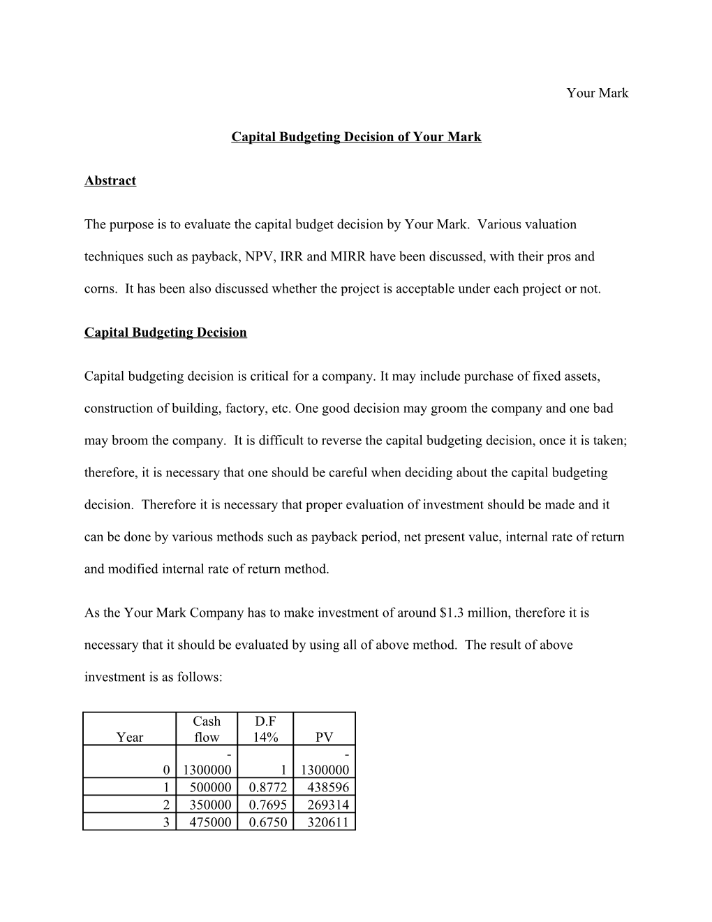 Capital Budgeting Decision of Your Mark