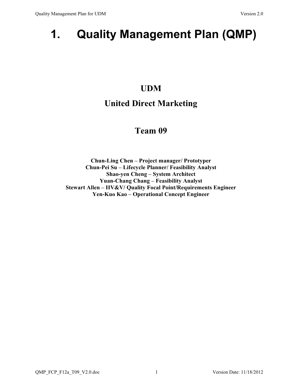 Quality Management Plan for UDM Version 2.0