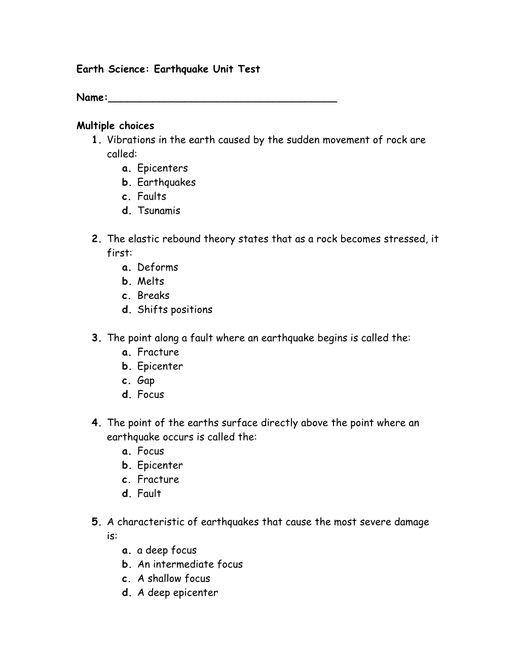 Earth Science: Earthquake Unit Test