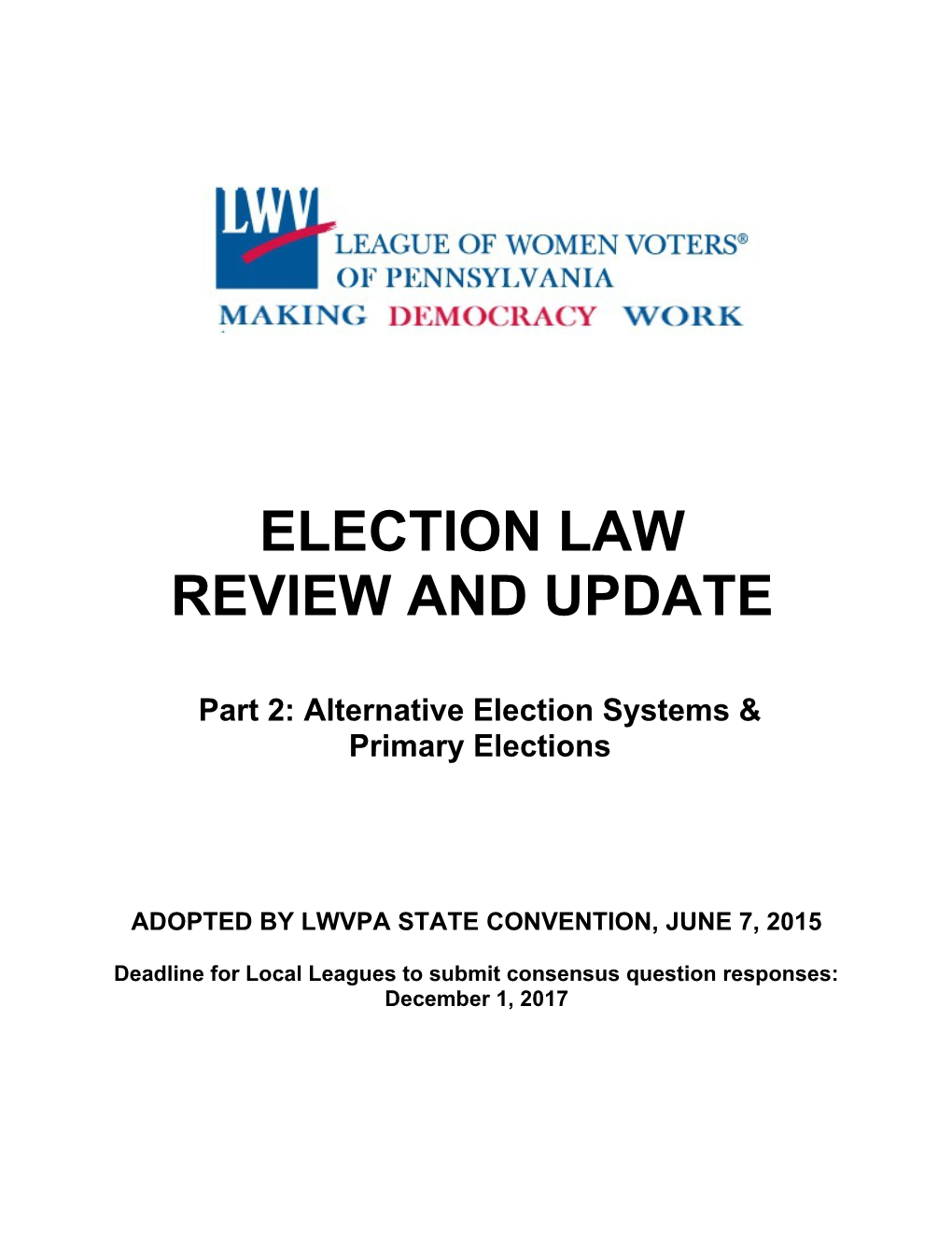 Lwvpa Election Law Review and Update