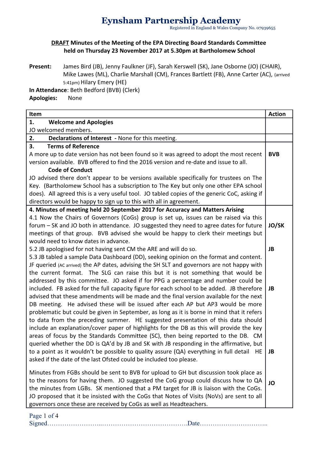 Draft Minutes of the Meeting of the EPA Standards Committee