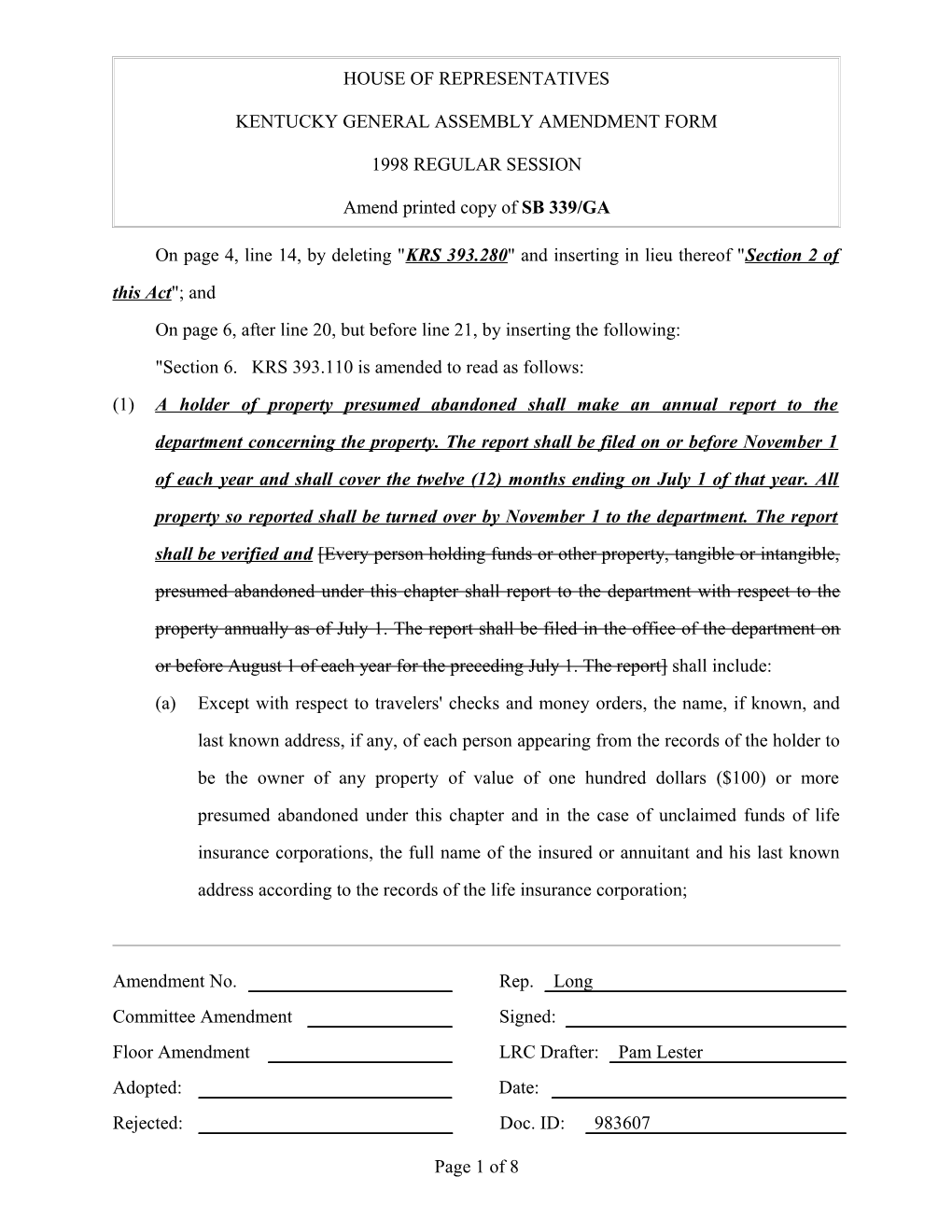Kentucky General Assembly Amendment Form s11