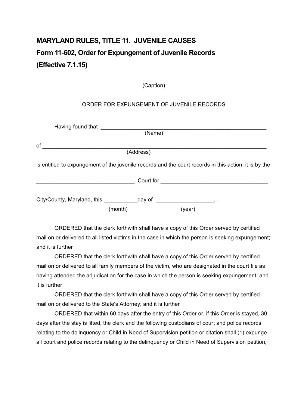 Order for Expungement of Juvenile Records