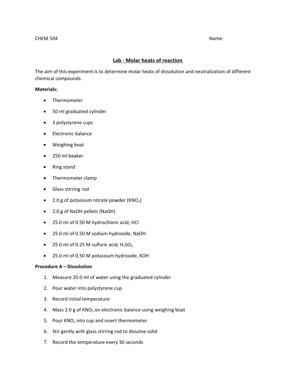 Lab - Molar Heats of Reaction