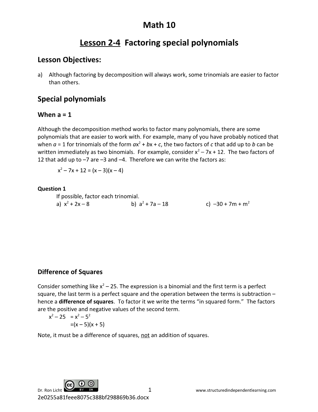 Lesson 2-4 Factoring Special Polynomials