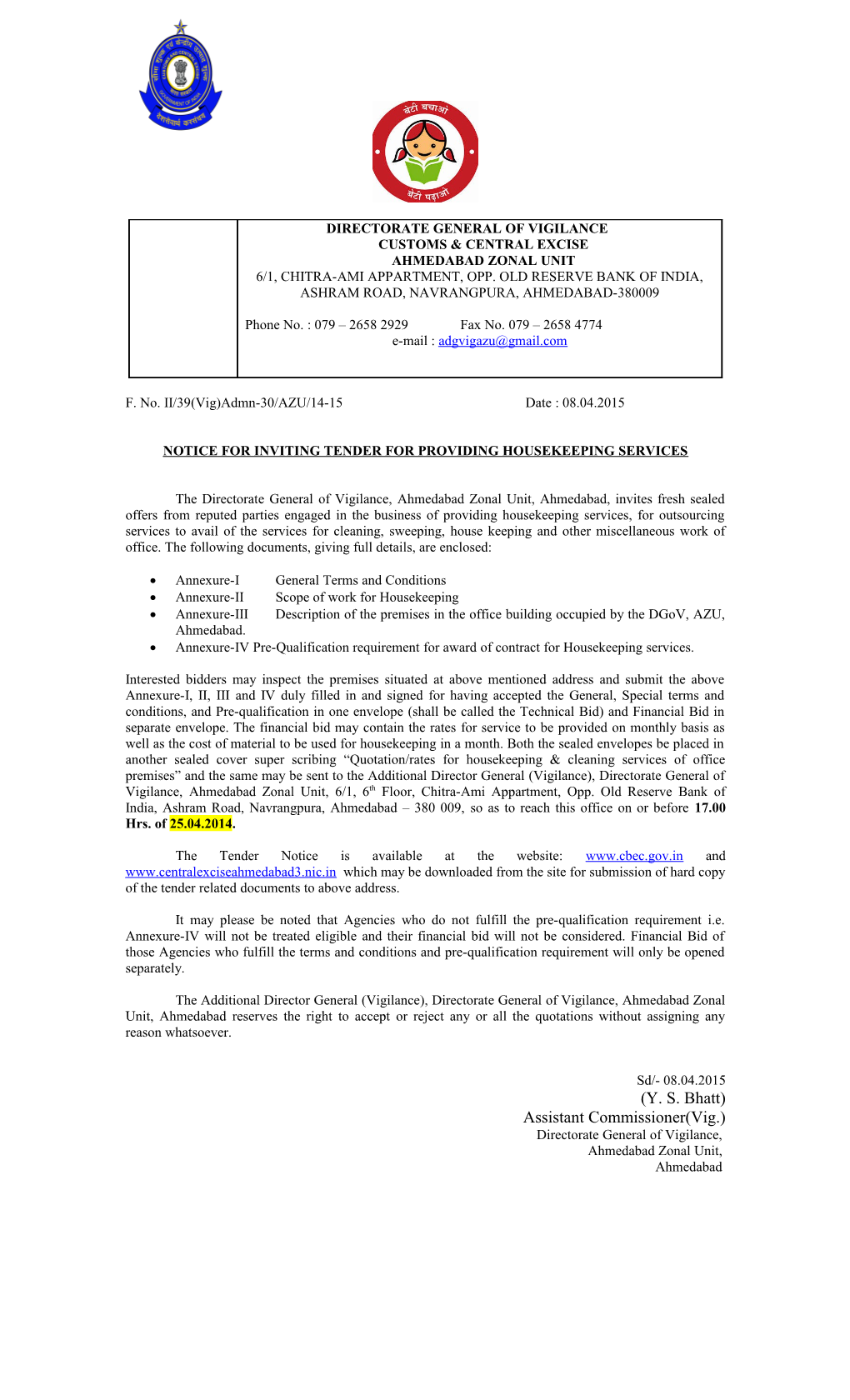 Notice for Inviting Tender for Providing Housekeeping Services