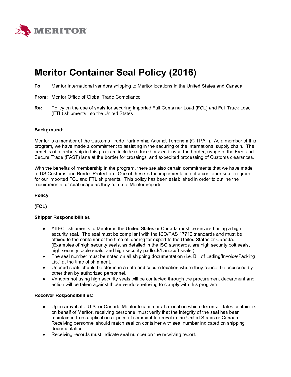 Meritor Container Seal Policy (2016)