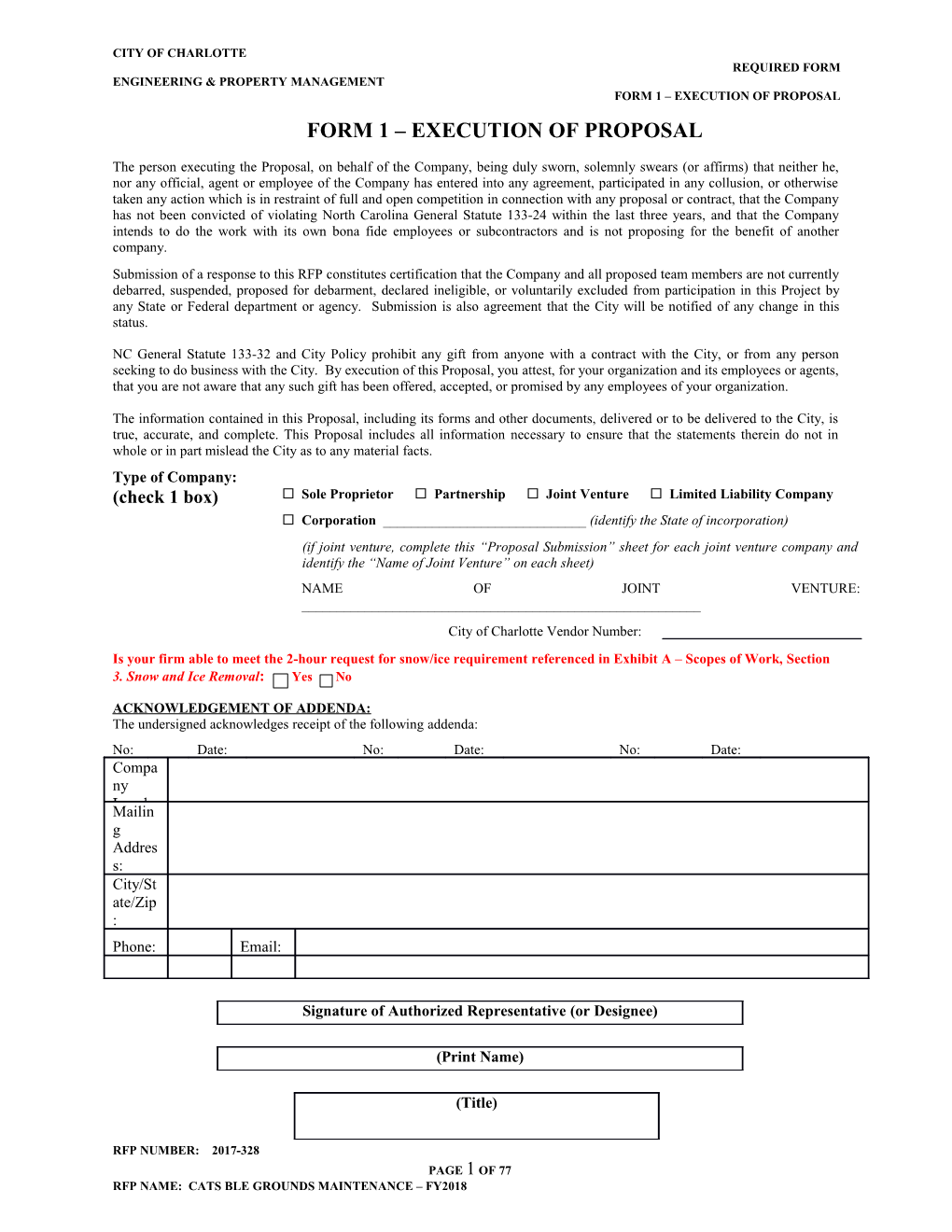 Form 1 Execution of Proposal