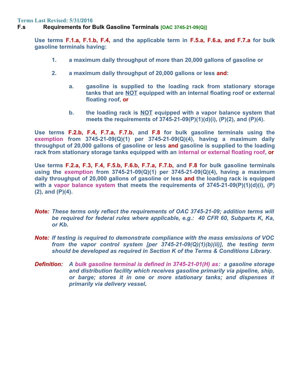 F.S Requirements for Bulk Gasoline Terminals OAC 3745-21-09(Q)