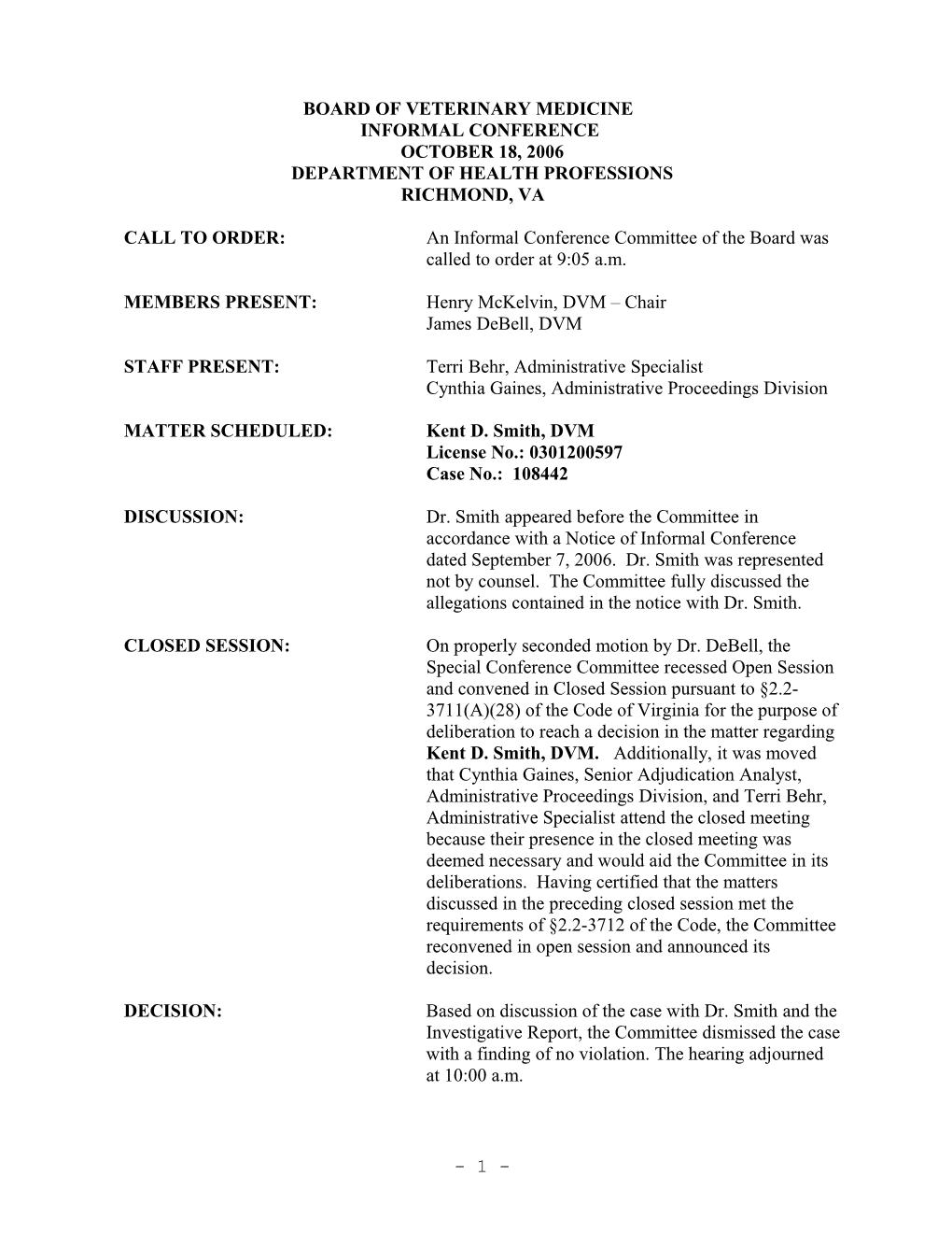 Board of Veterinary Medicine Minutes 10-18-06