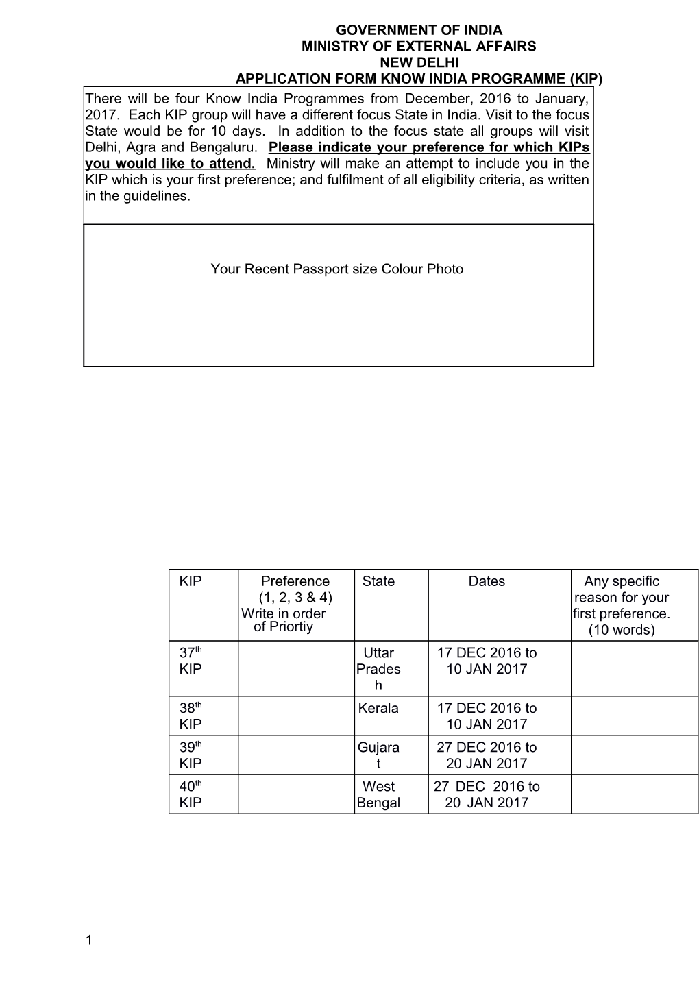 Government of India Ministry of External Affairs New Delhi Application Form Know India