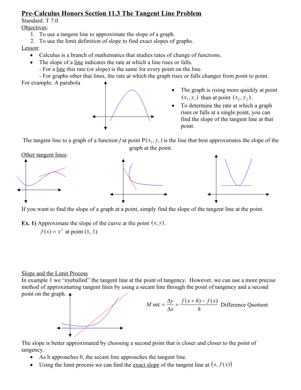 Pre-Calculus Honors Section 11.3 the Tangent Line Problem