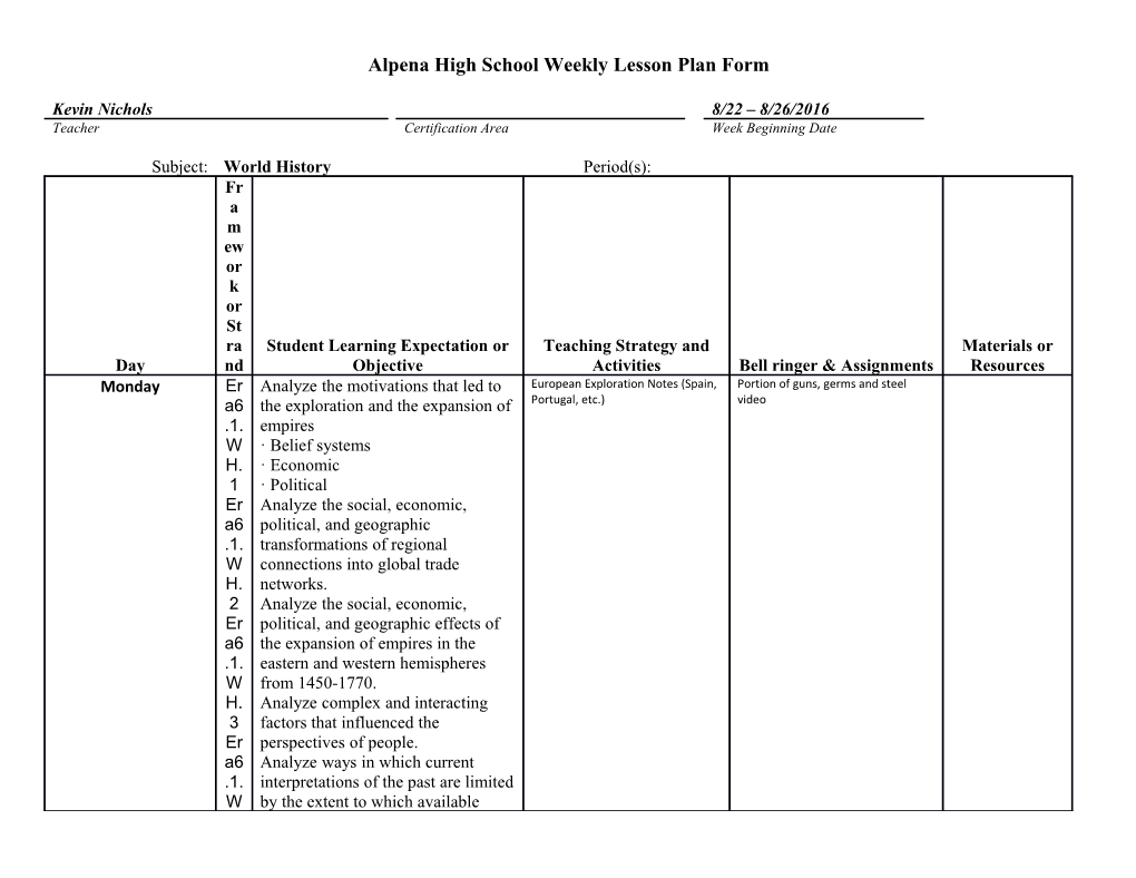 Fountain Lake High School Weekly Lesson Plan Form