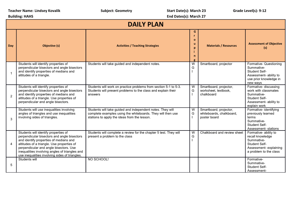 Teacher Name:Lindsey Kovaliksubject: Geometrystart Date(S): March 23Grade Level(S): 9-12