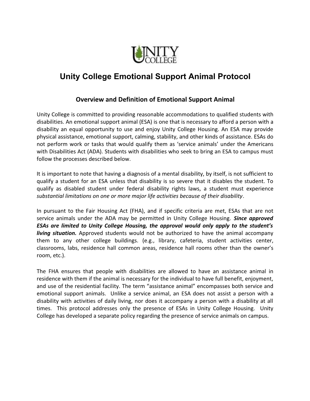 Unity College Emotional Support Animal Protocol