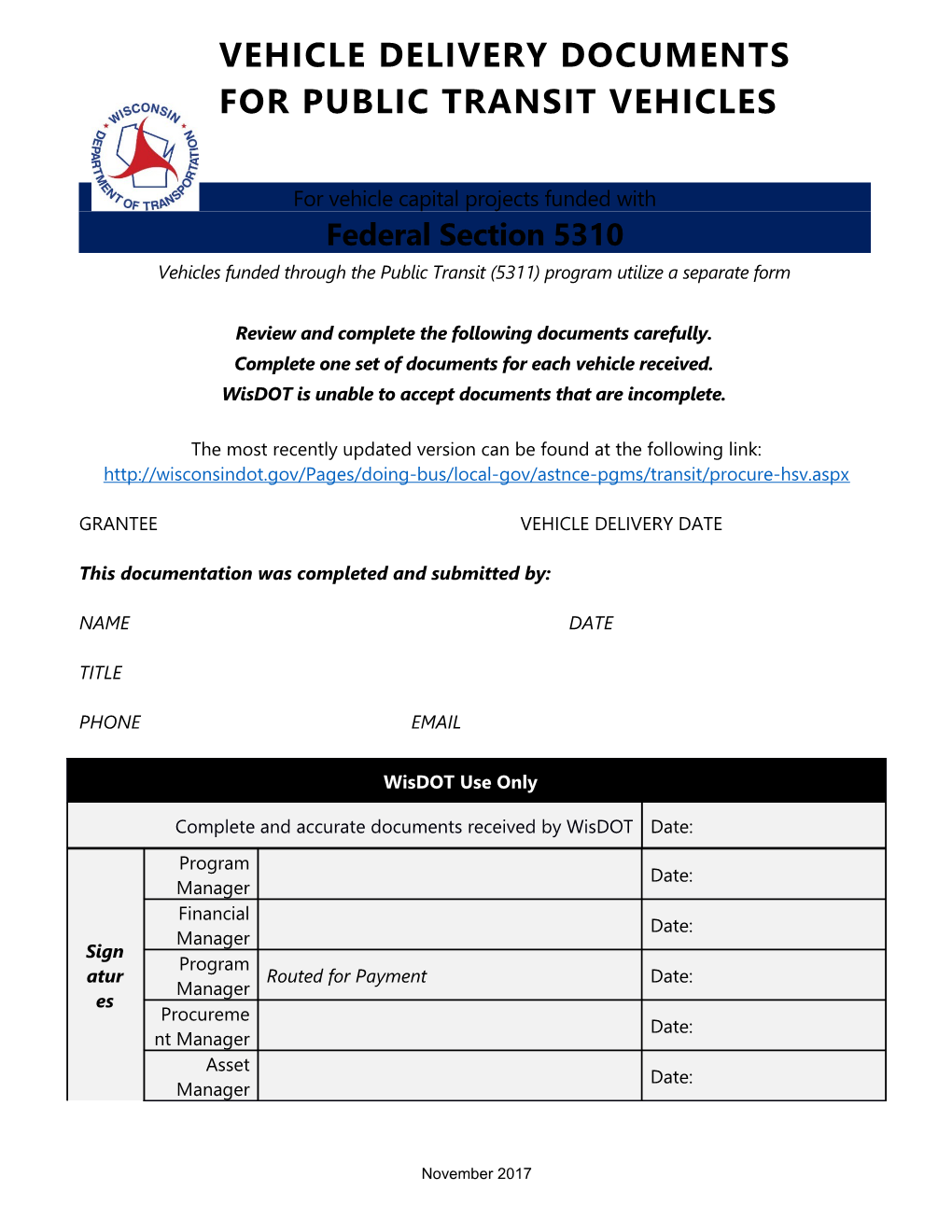 5310 Vehicle Delivery Documents for DOT List Purchases