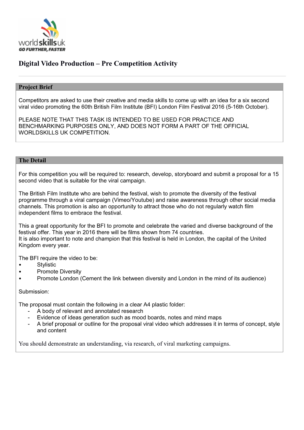 Competition Overview Or Competition Brief (For Passive Competitions) - Worldskills UK Level