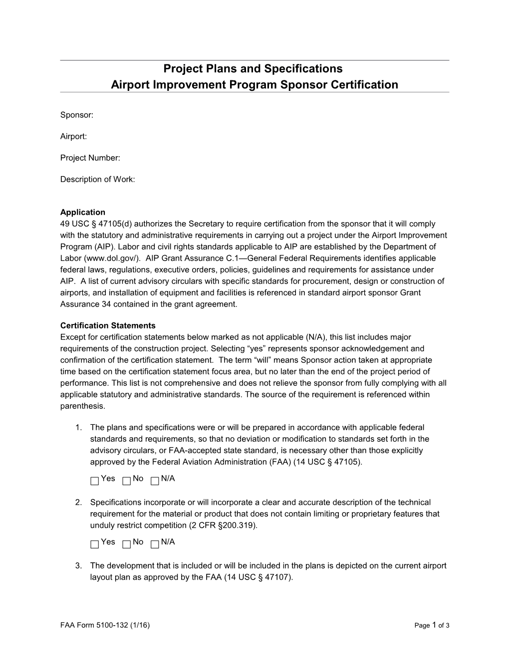 FAA Form 5100-132, Project Plans and Specifications Airport Improvement Program Sponsor