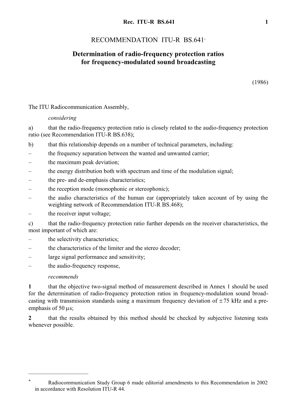 RECOMMENDATION ITU-R BS.641* - Determination of Radio-Frequency Protection Ratios For