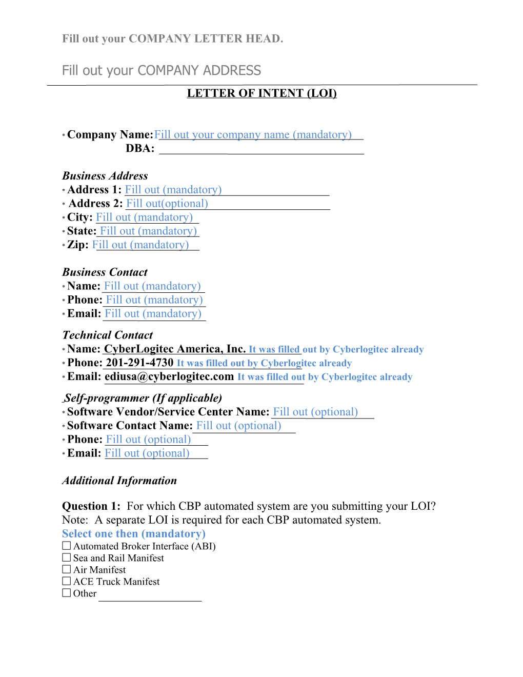 Fill out Your COMPANY LETTER HEAD
