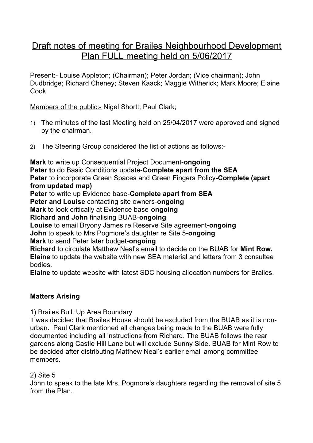 Draft Notes of Meeting for Brailes Neighbourhood Development Plan FULL Meeting Held on 5/06/2017