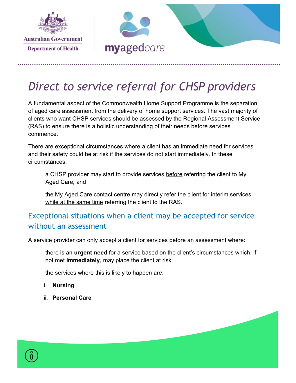 Direct to Service Referral for CHSP Providers