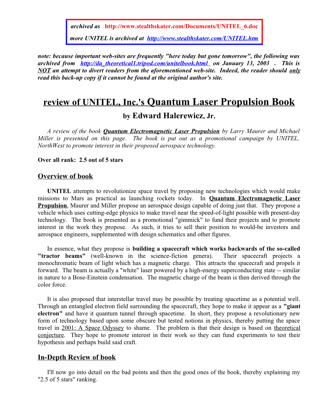 Review of UNITEL, Inc.'S Quantum Laser Propulsion Book