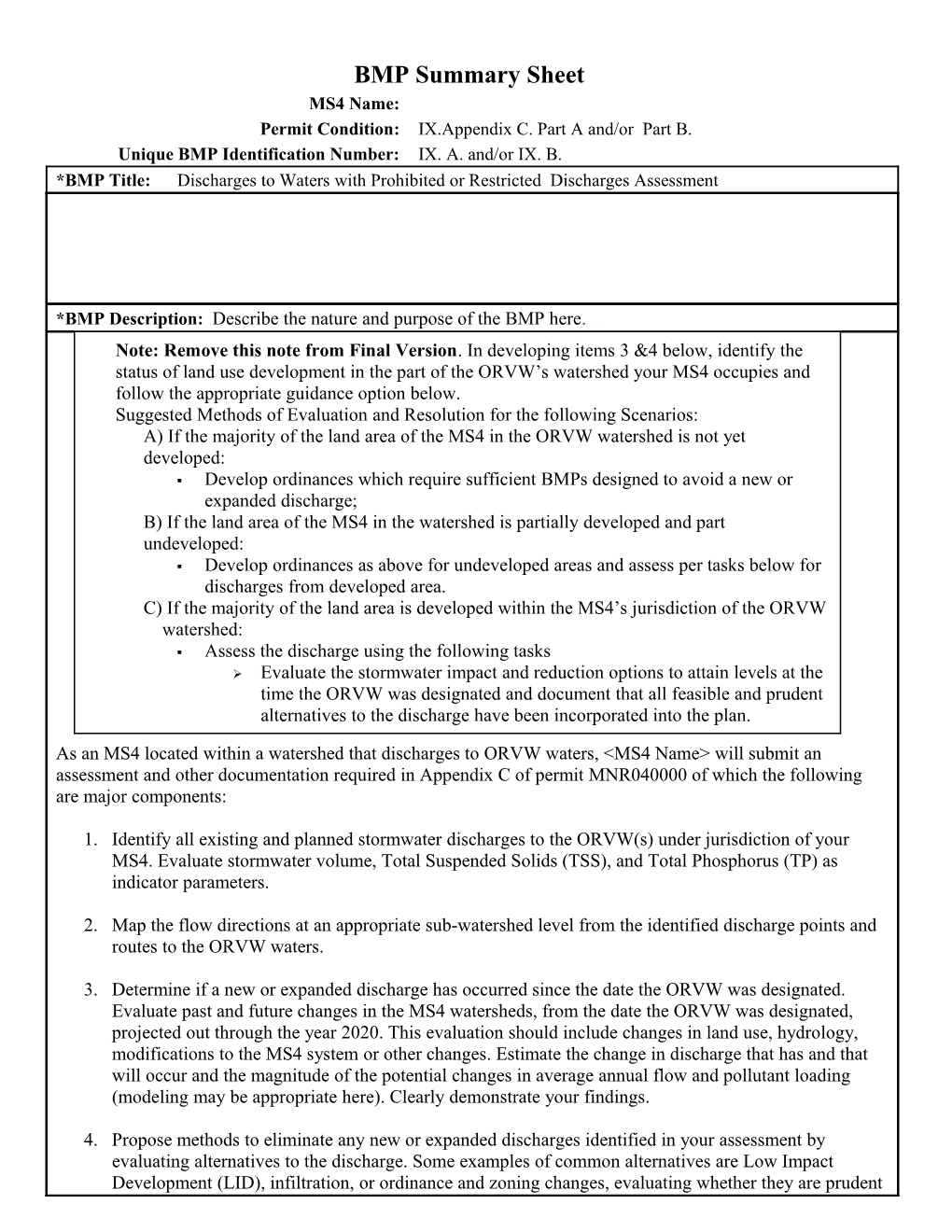 ORVW BMP Summary Sheet