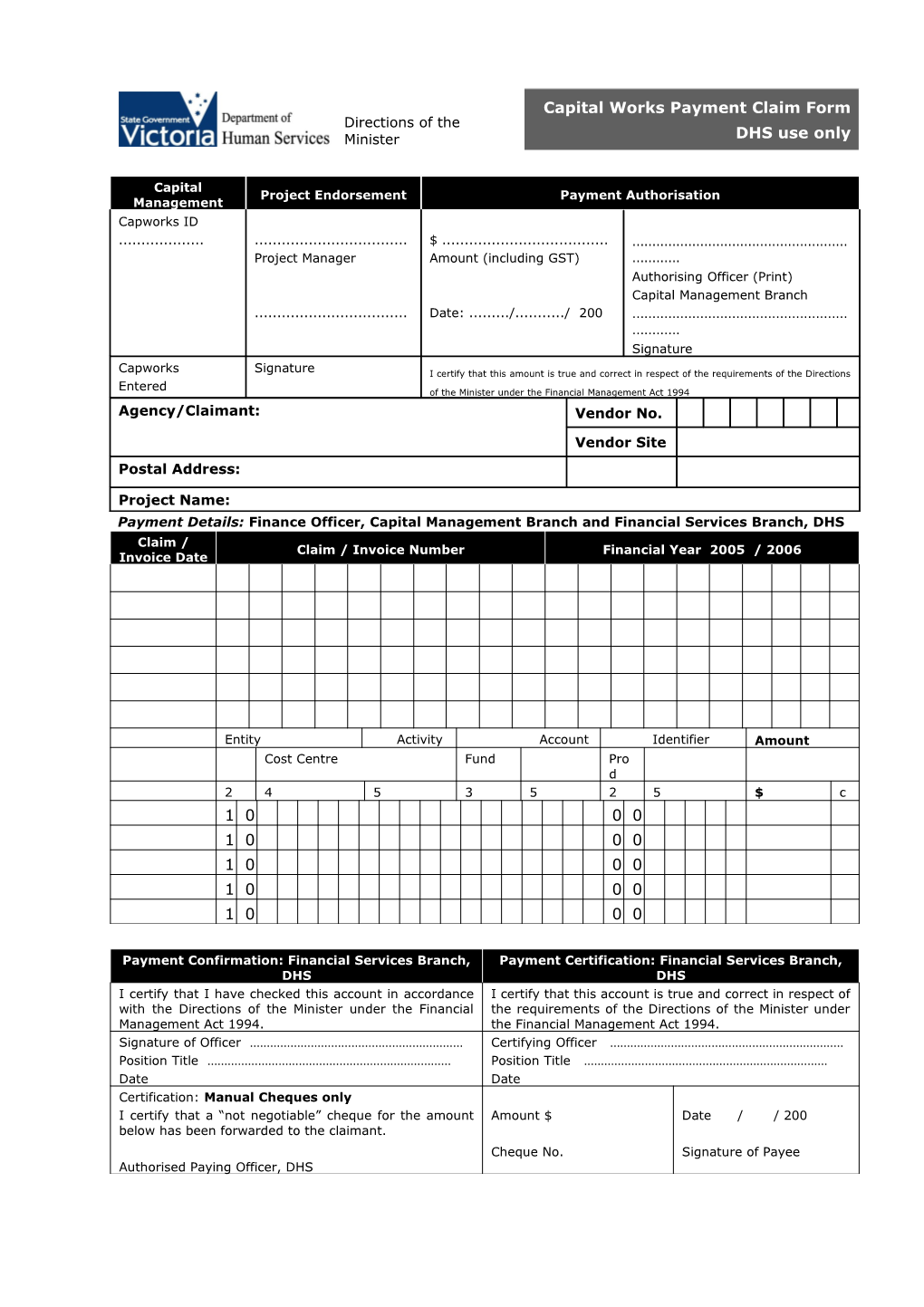 Payment Details: Finance Officer, Capital Management Branch and Financial Services Branch, DHS