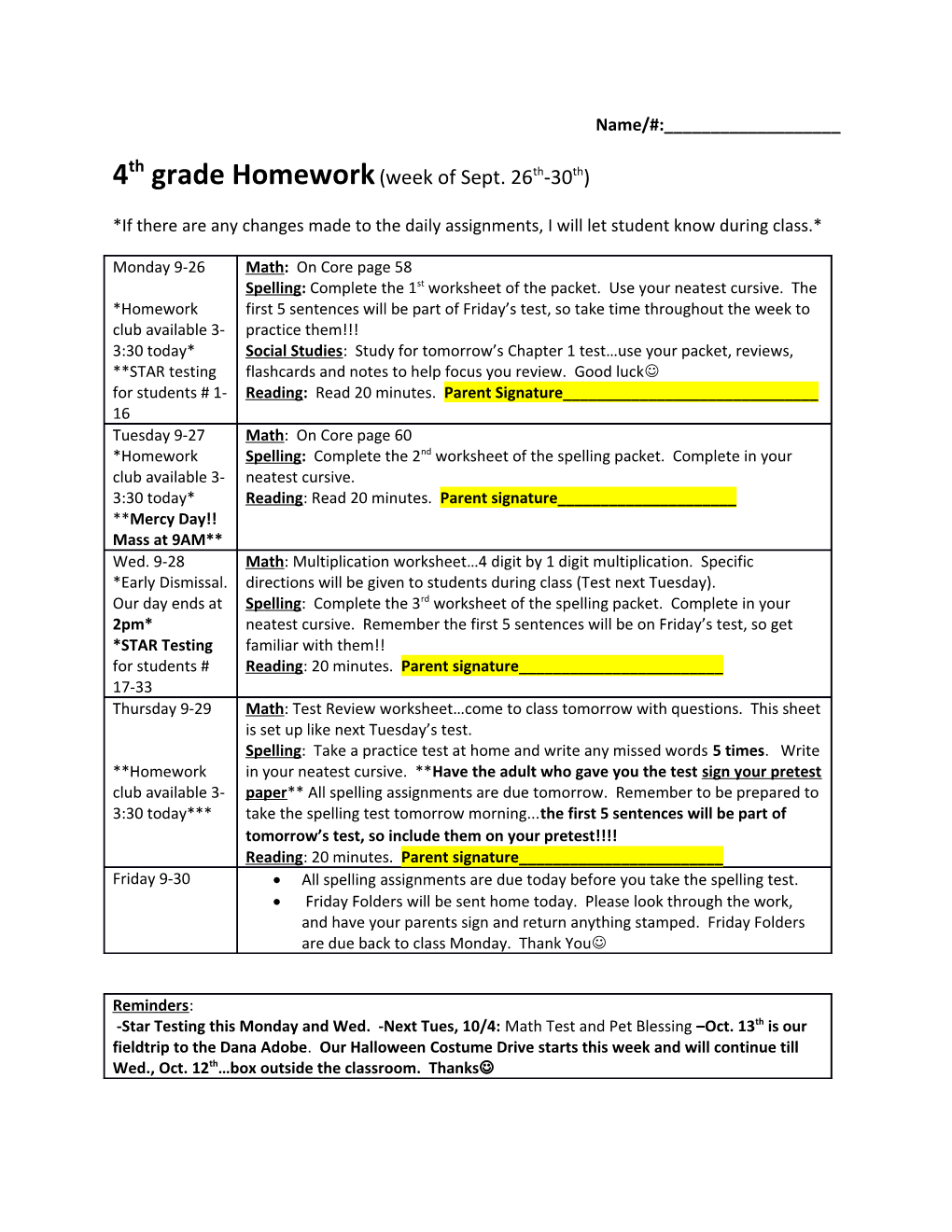 4Th Grade Homework (Week of Sept. 26Th-30Th)