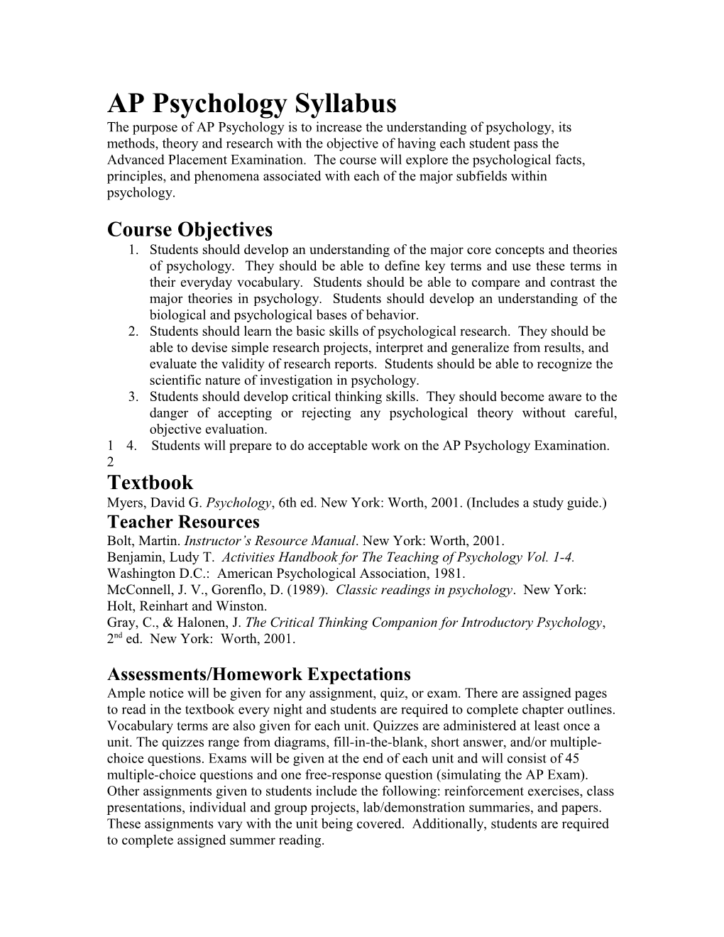 AP Psychology Syllabus