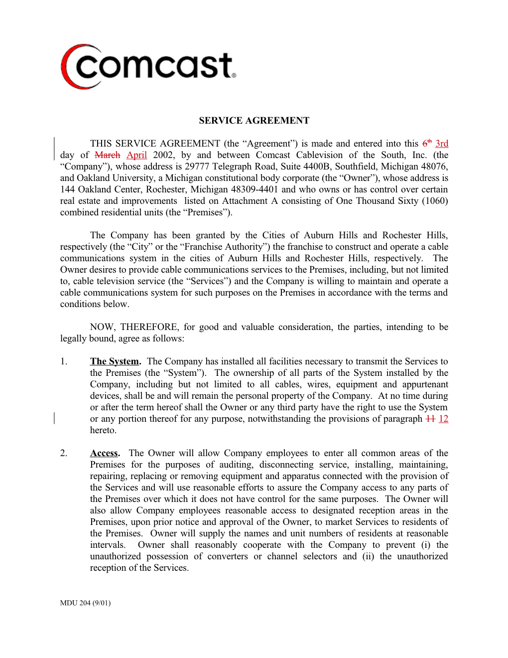 Cable Installation Service Agreement