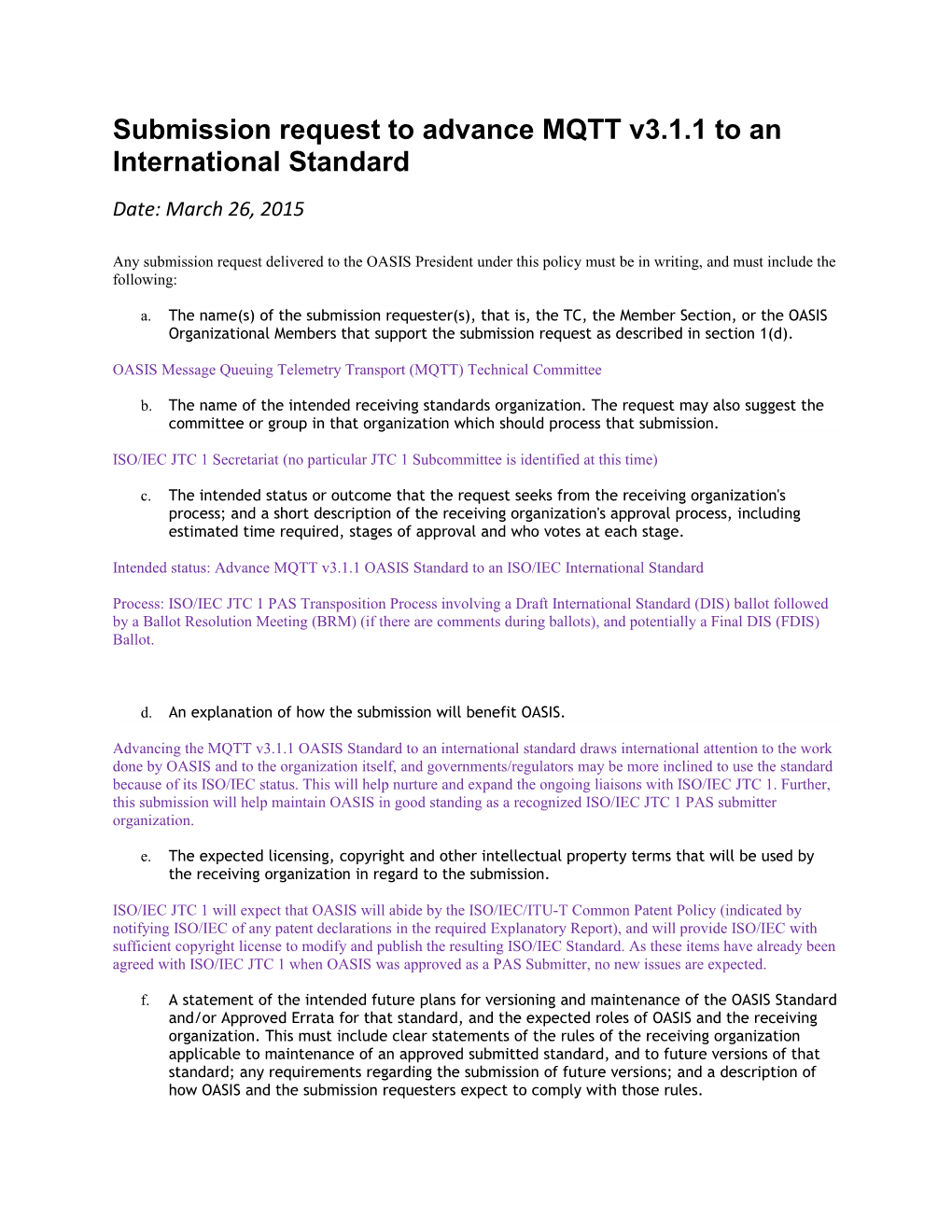 Submission Request to Advance MQTT V3.1.1 to an International Standard