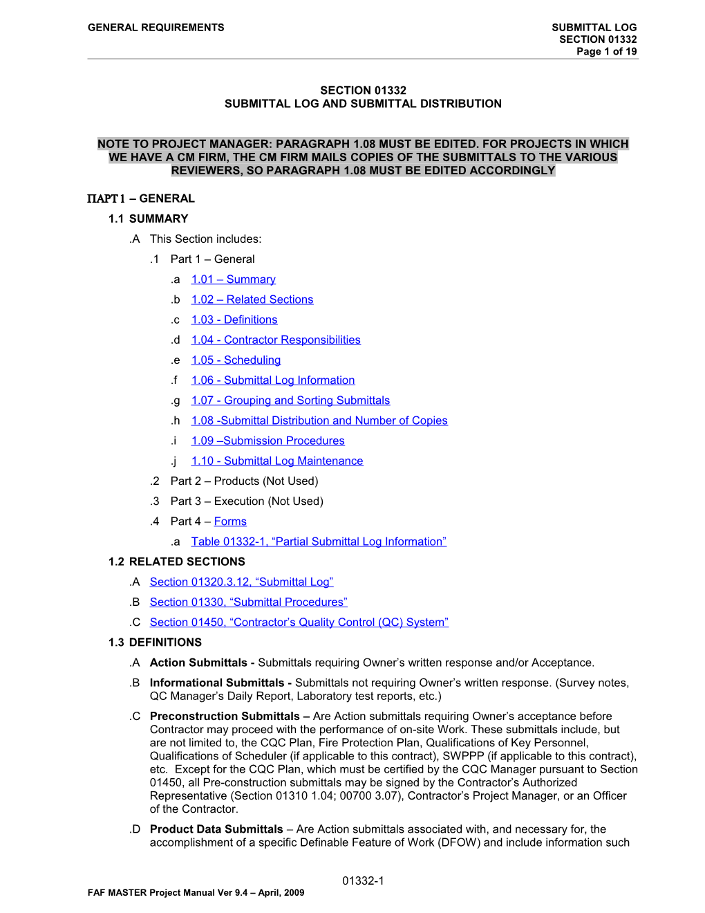 General Requirements Submittal Log