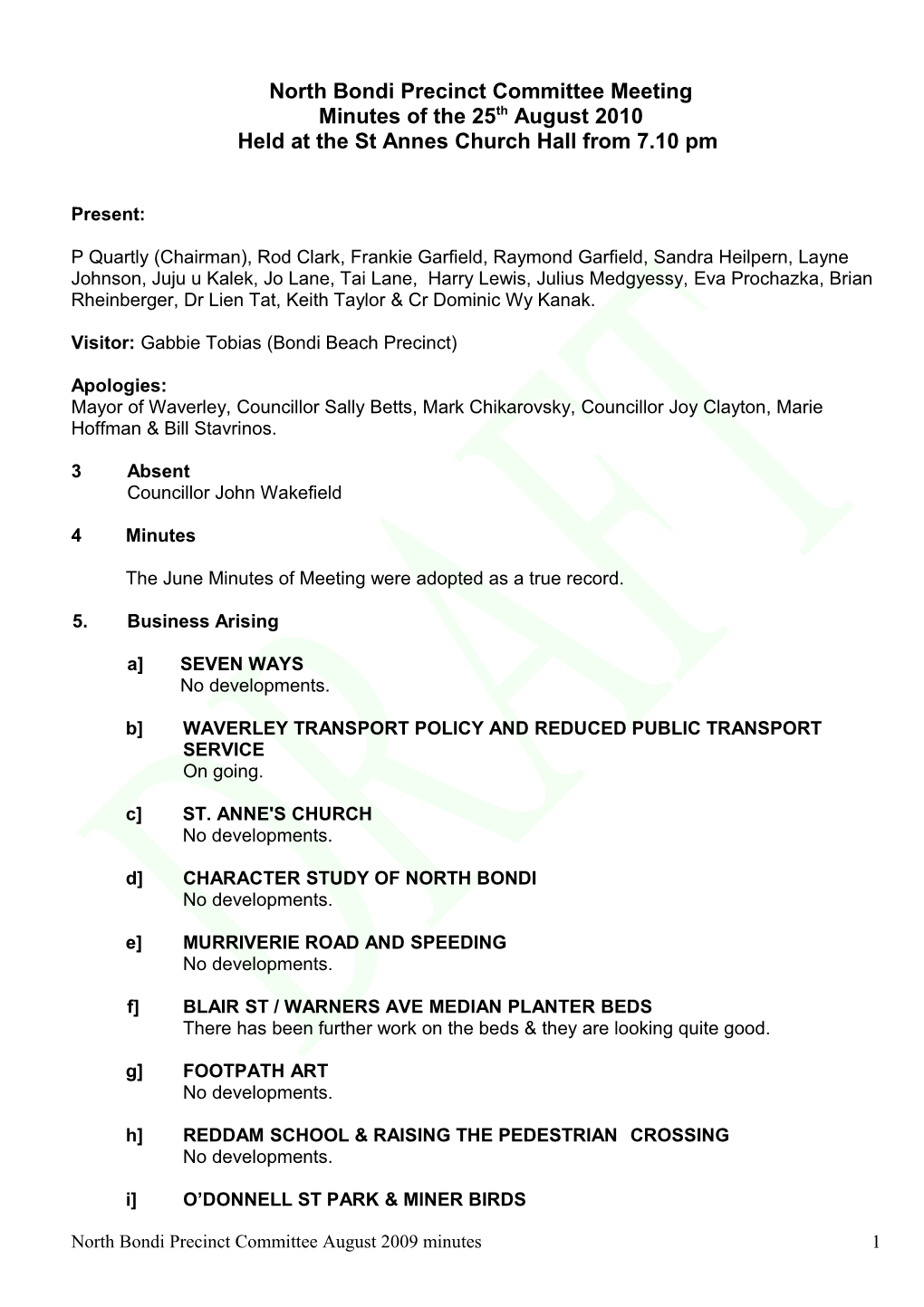 Minutes of North Bondi Precinct Meeting of 28Th February 2003, Held at Nth Bondi Bowling