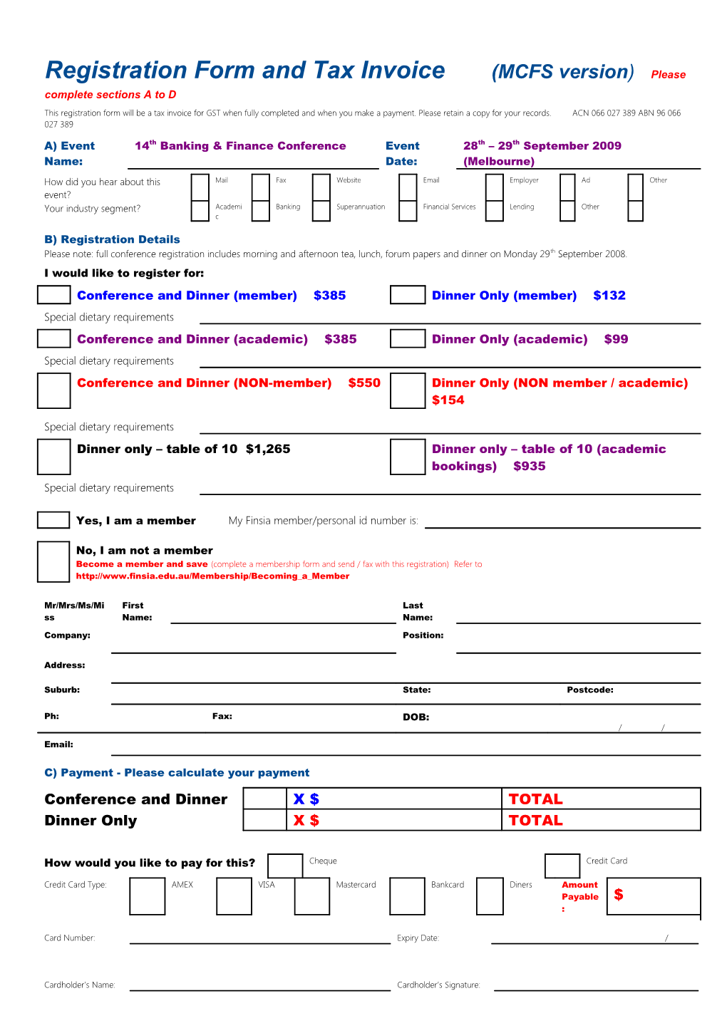 Registration Form and Tax Invoice
