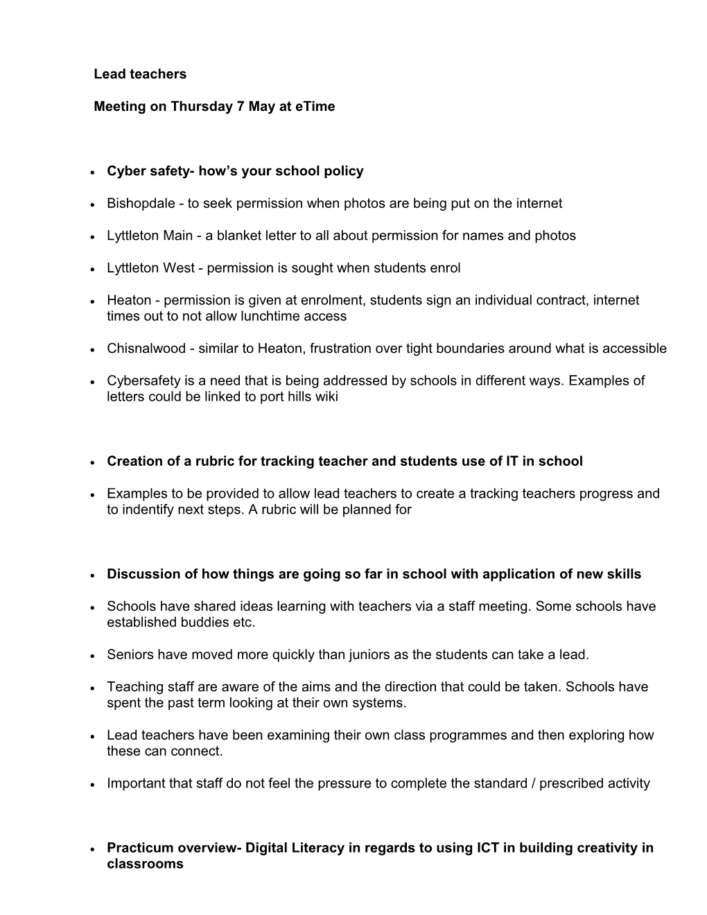Agenda for Lead Teacher S Meeting on Thursday at Etime 1