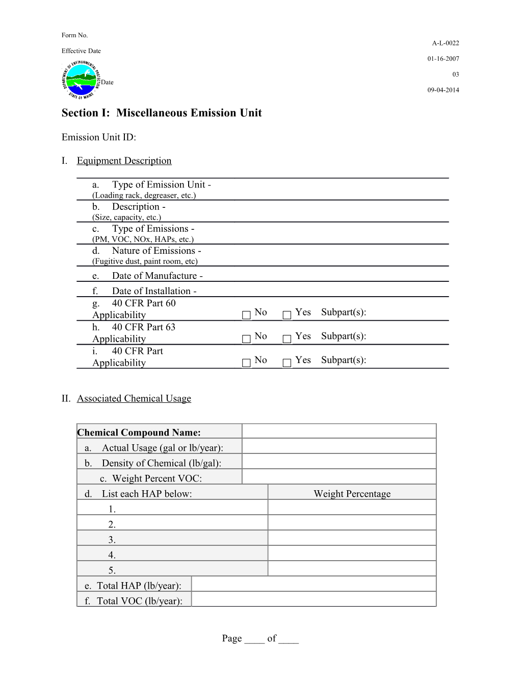 Section I: Miscellaneous Emission Unit