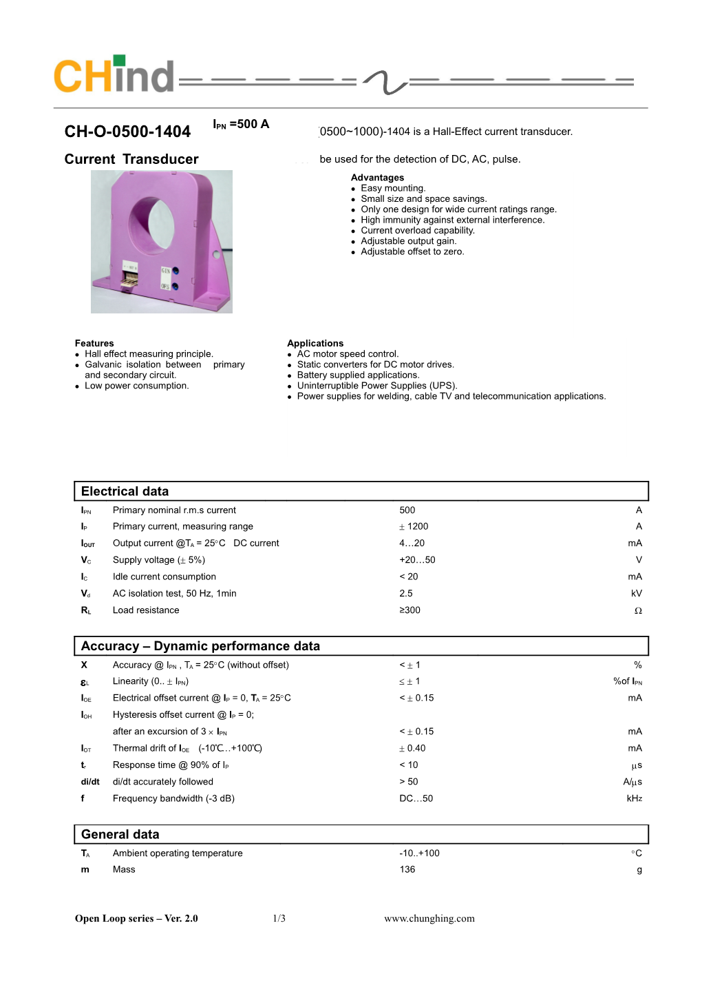 Currenttransducer * It Can Be Used for the Detection of DC, AC, Pulse