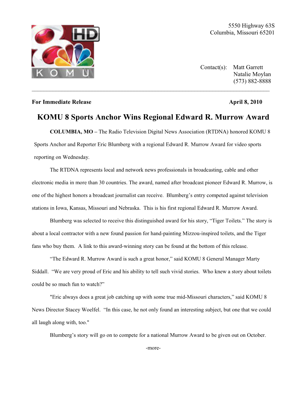 KOMU 8 Sports Anchor Wins Regional Edward R. Murrow Award