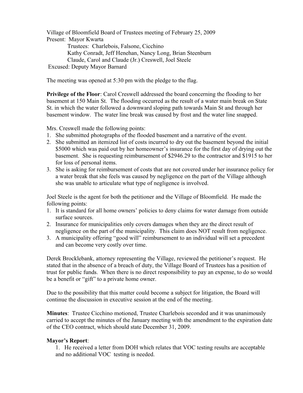 Villageof Bloomfield Board of Trustees Meeting of October 25, 2006 s1