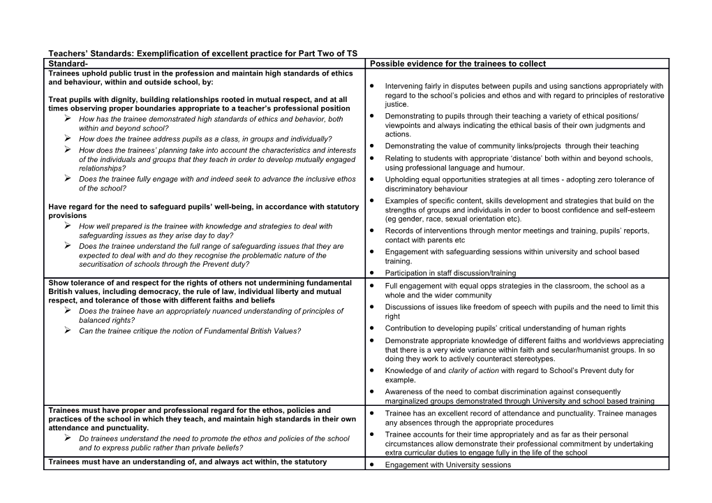 Teachers Standards: Exemplification of Excellent Practice for Part Two of TS