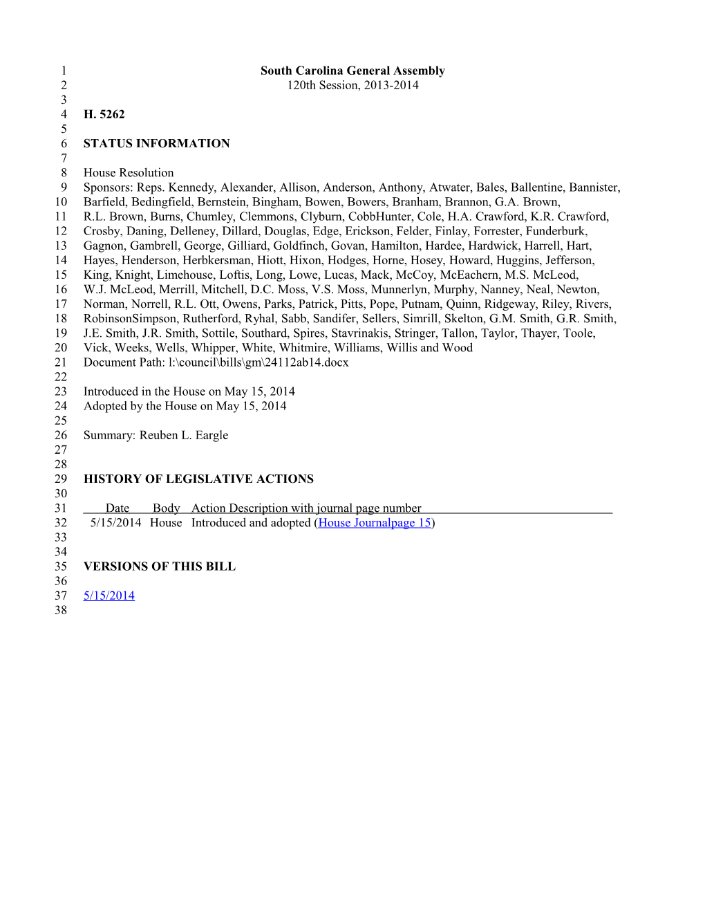 2013-2014 Bill 5262: Reuben L. Eargle - South Carolina Legislature Online